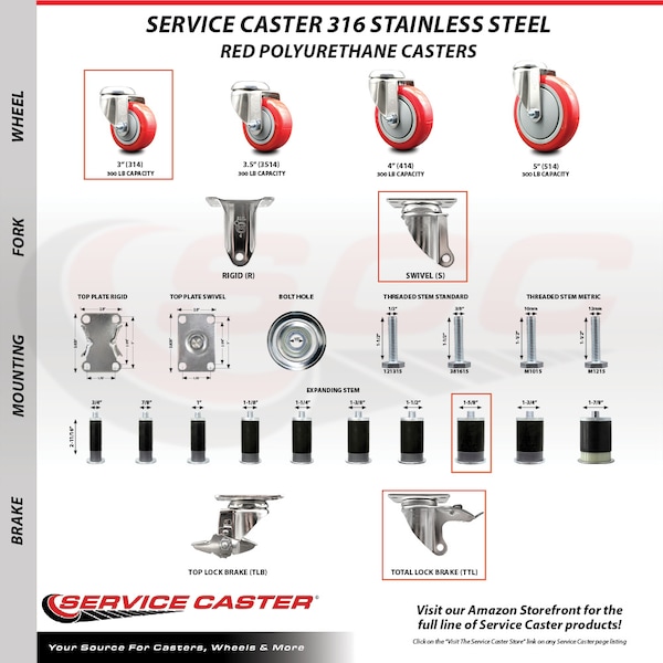 Service Caster 3 Inch 316SS Red Poly Swivel 1-5/8 Inch Expanding Stem Caster Lock Brake, 2PK SS316TTLEX20S314-PPUB-RED-2-S-2-158 - main